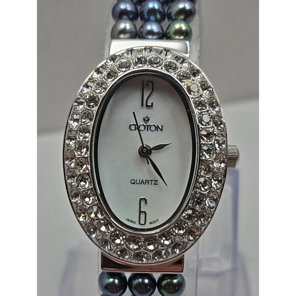 Croton Womens Iridescent Black Pearl Watch Crystal Pave Bracelet New Battery - Picture 4 of 10
